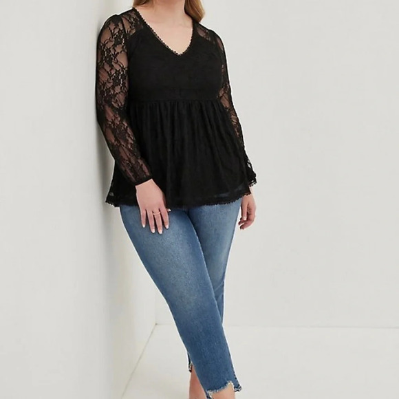 Torrid Black Babydoll Sexy Lace V-Neck Plus Size Top NWT - Picture 2 of 7